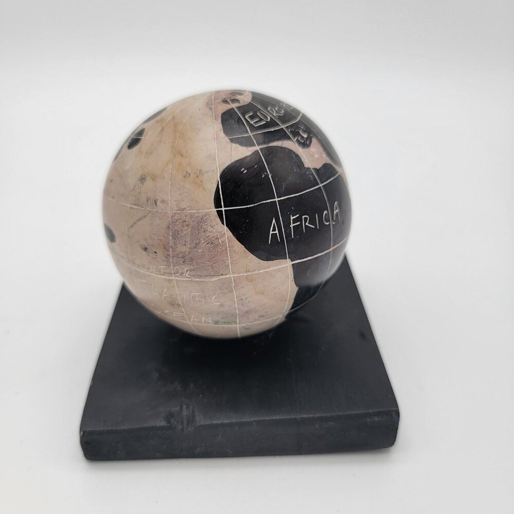 Hand-Carved Soapstone Globe World Map Paperweight - Picture 4 of 6